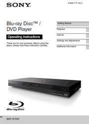 The cover of Sony BDP-S7200 Blu-ray Disc Player Operating Instructions