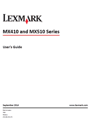 The cover of Lexmark MX410DE, MX510DE, MX511DE, MX511DTE, MX511DHE Mono Laser Printers User’s Guide